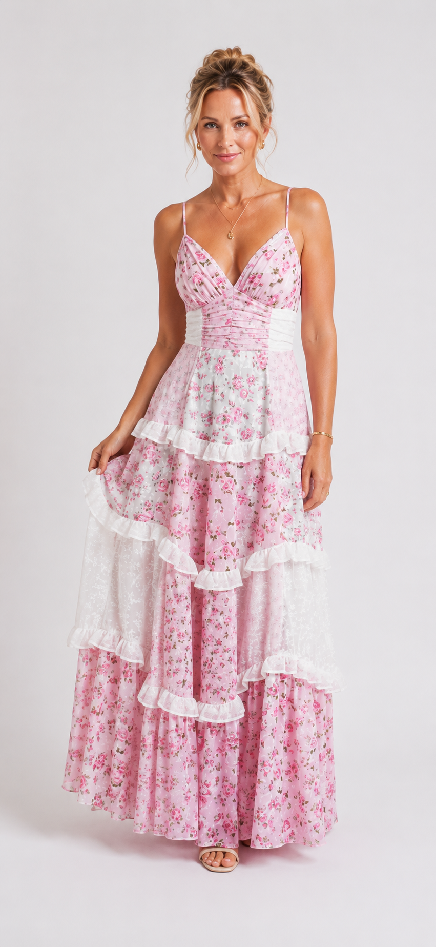 Romina - Women's Floral Tiered Maxi Dress-Dresses-Lyrasue-Pink-XS-Lyrasue