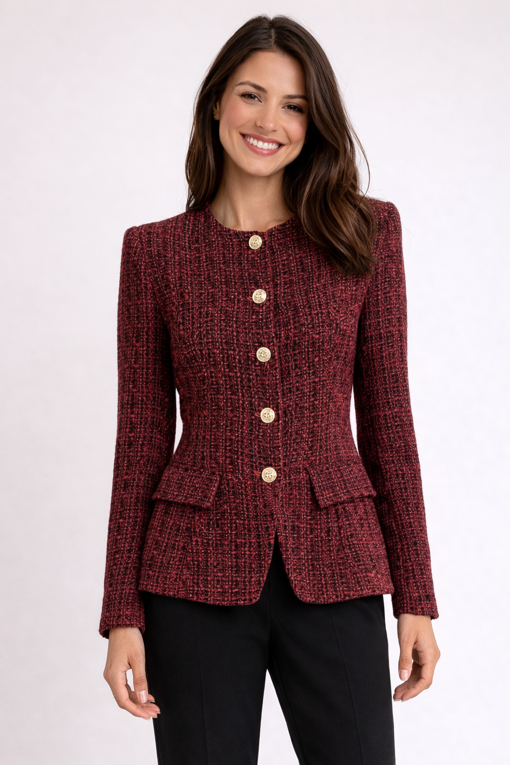 Rosie Tweed Button Blazer – Burgundy Women’s Jacket-Blazer - AS - Womens - Blazers-Lyrasue-Burgundy-XS-Lyrasue