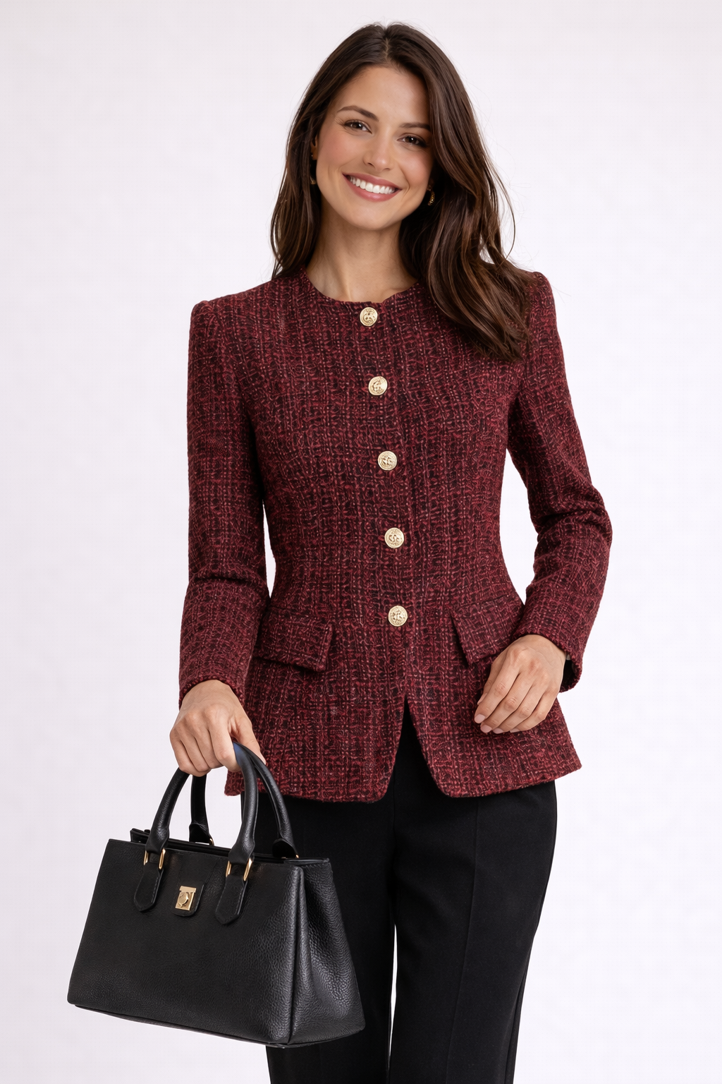 Rosie Tweed Button Blazer – Burgundy Women’s Jacket-Blazer - AS - Womens - Blazers-Lyrasue-Burgundy-XS-Lyrasue