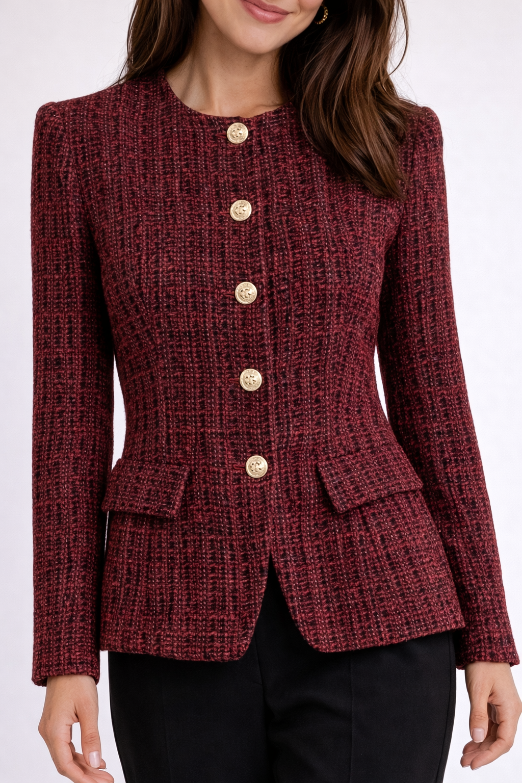 Rosie Tweed Button Blazer – Burgundy Women’s Jacket-Blazer - AS - Womens - Blazers-Lyrasue-Burgundy-XS-Lyrasue