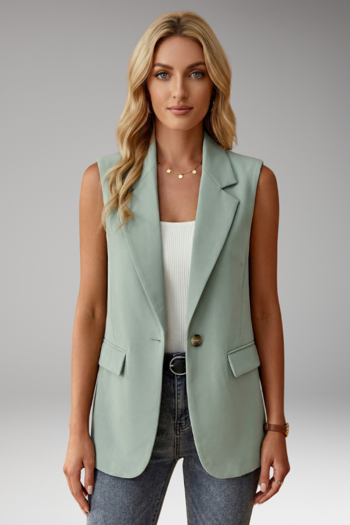 Saffron - Women's Tailored Sleeveless Blazer with Notch Lapels and Flap Pockets-Women’s Sleeveless Blazer-Lyrasue-Sage Green-S-Lyrasue