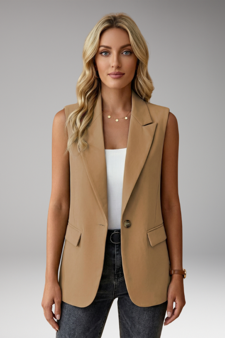 Saffron - Women's Tailored Sleeveless Blazer with Notch Lapels and Flap Pockets-Women’s Sleeveless Blazer-Lyrasue-Khaki-S-Lyrasue