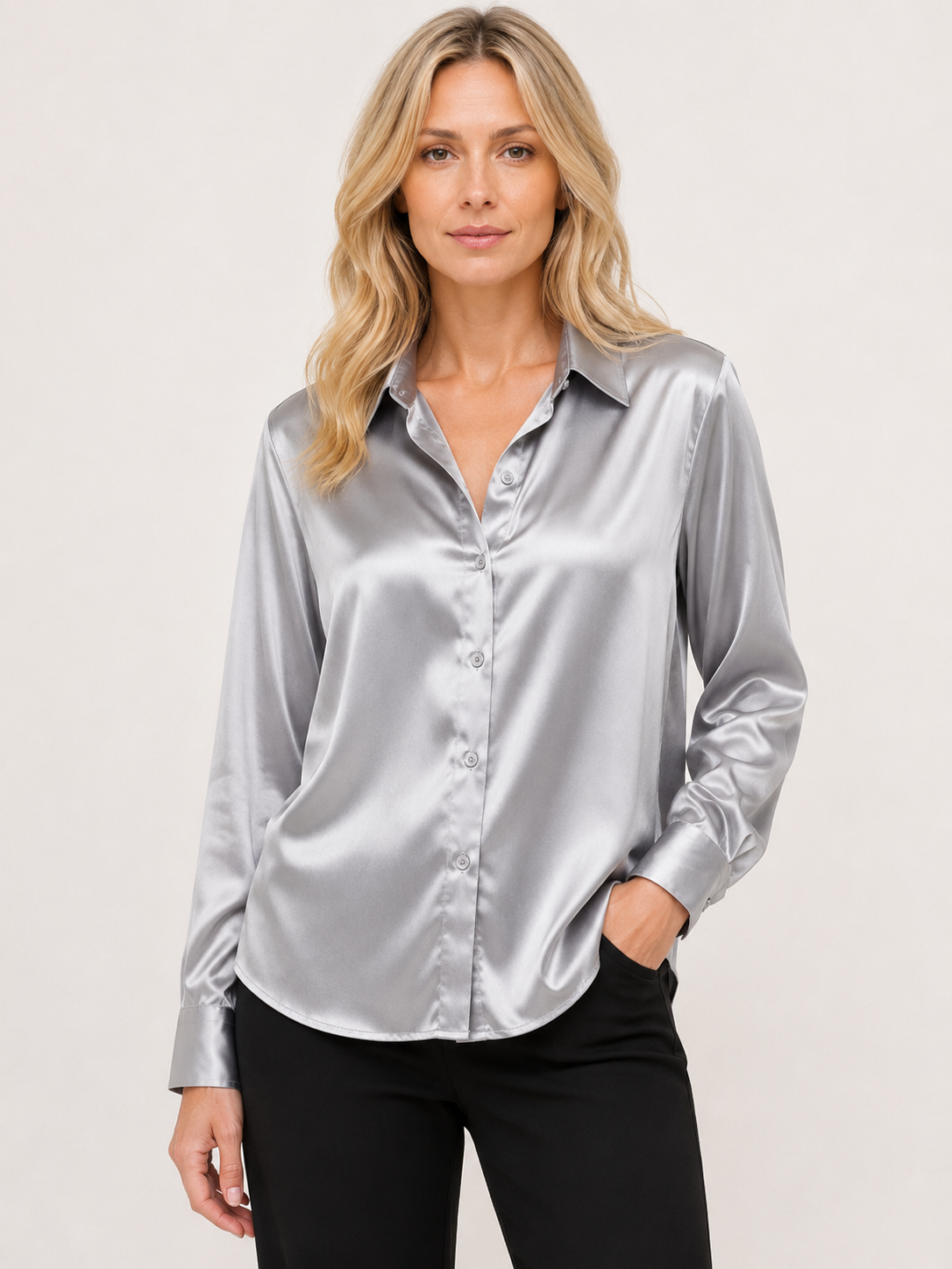 Savannah - Women’s Satin Button-Up Blouse with Long Sleeves-Blouse Women-Lyrasue-Light Grey-S-Lyrasue