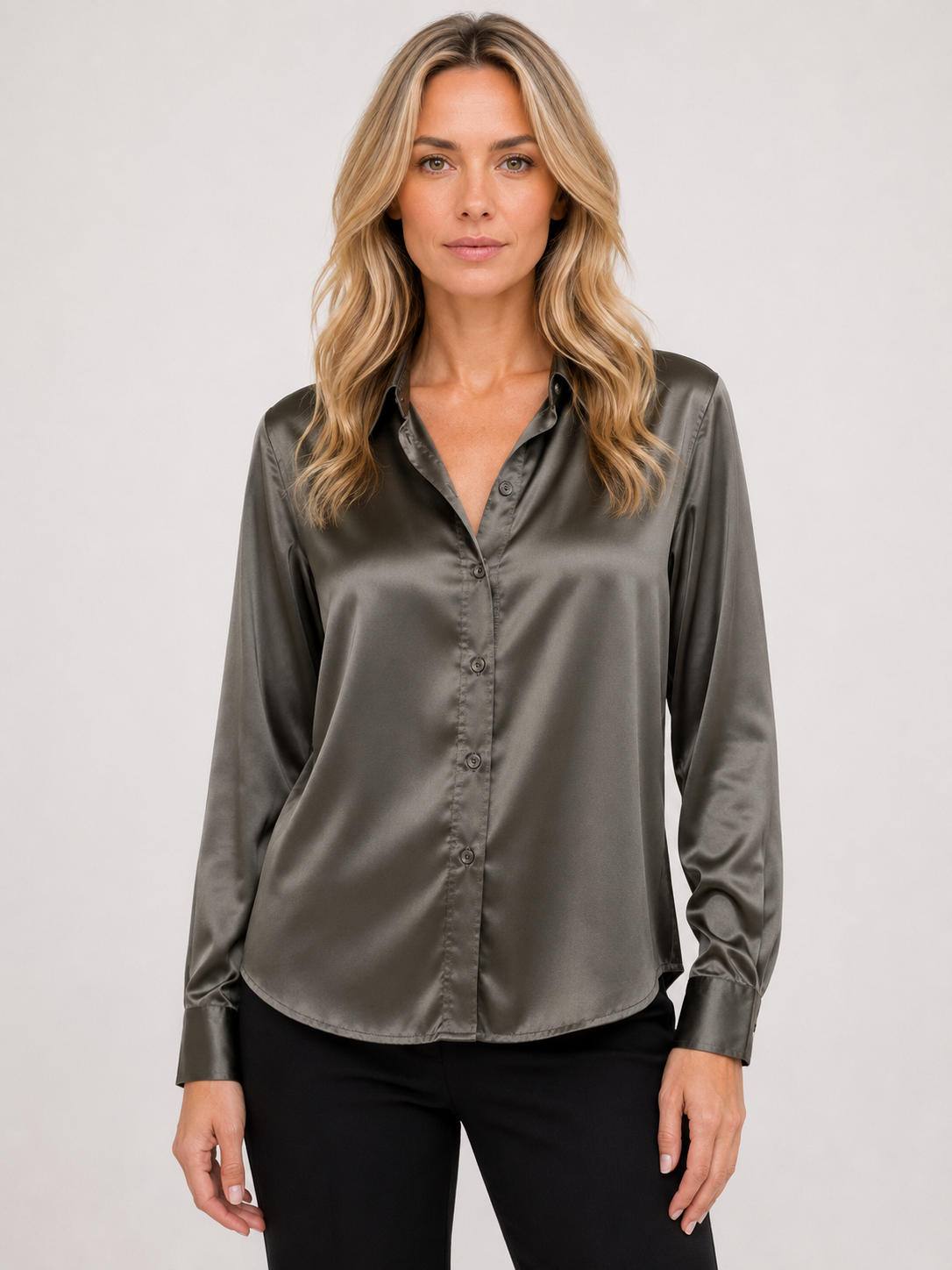 Savannah - Women’s Satin Button-Up Blouse with Long Sleeves-Blouse Women-Lyrasue-Grey-S-Lyrasue