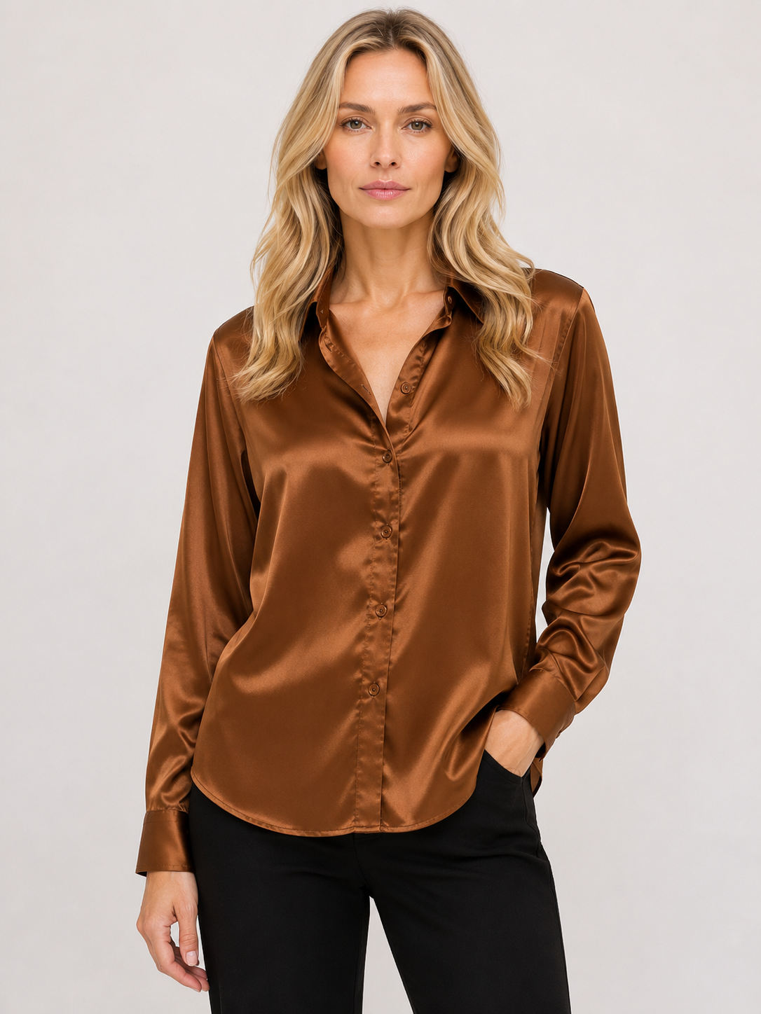 Savannah - Women’s Satin Button-Up Blouse with Long Sleeves-Blouse Women-Lyrasue-Dark Brown-S-Lyrasue