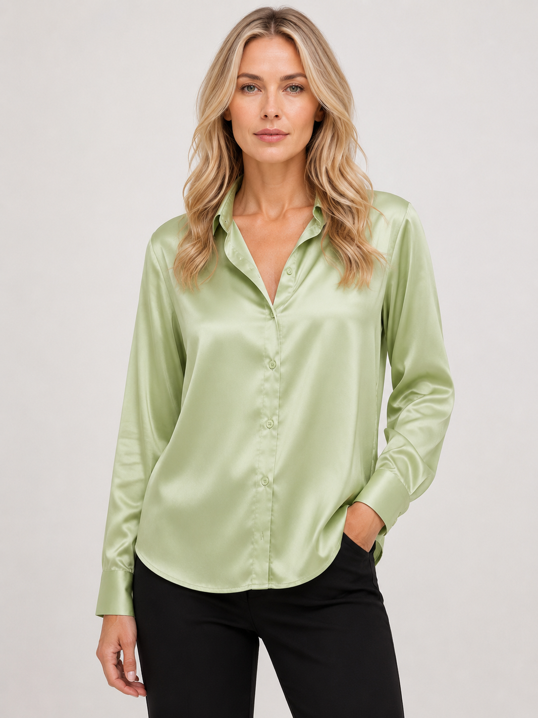 Savannah - Women’s Satin Button-Up Blouse with Long Sleeves-Blouse Women-Lyrasue-Light Green-S-Lyrasue