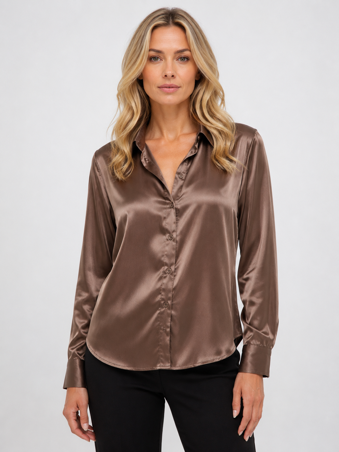 Savannah - Women’s Satin Button-Up Blouse with Long Sleeves-Blouse Women-Lyrasue-Brown-S-Lyrasue
