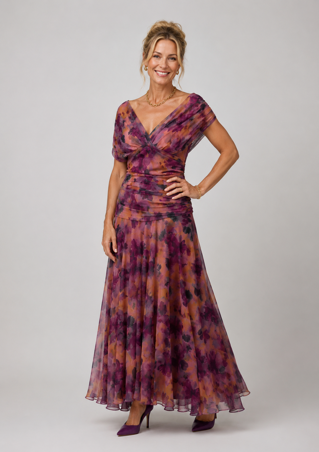 Scout - Women's Floral V Neck Midi Dress-Lyrasue-Purple-S-Lyrasue