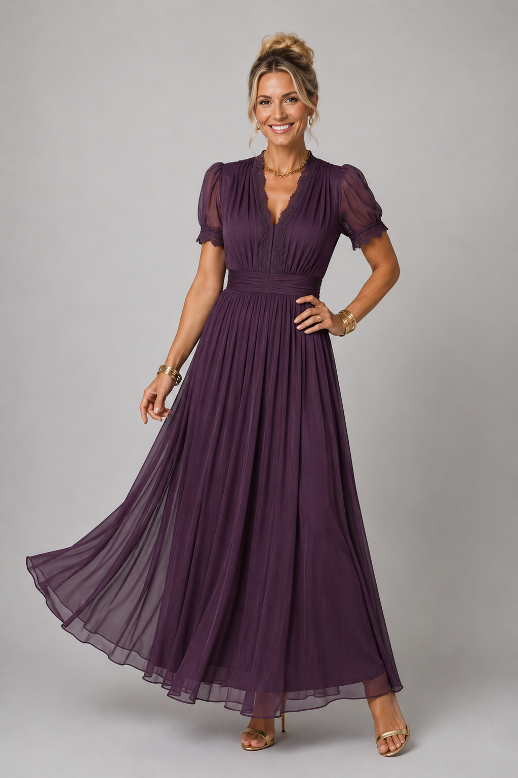 Scout - Women's V Neck Pleated Maxi Dress-Lyrasue-Purple-XS-Lyrasue