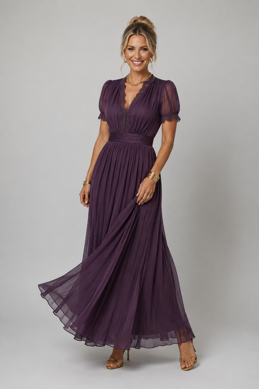 Scout - Women's V Neck Pleated Maxi Dress-Lyrasue-Purple-XS-Lyrasue