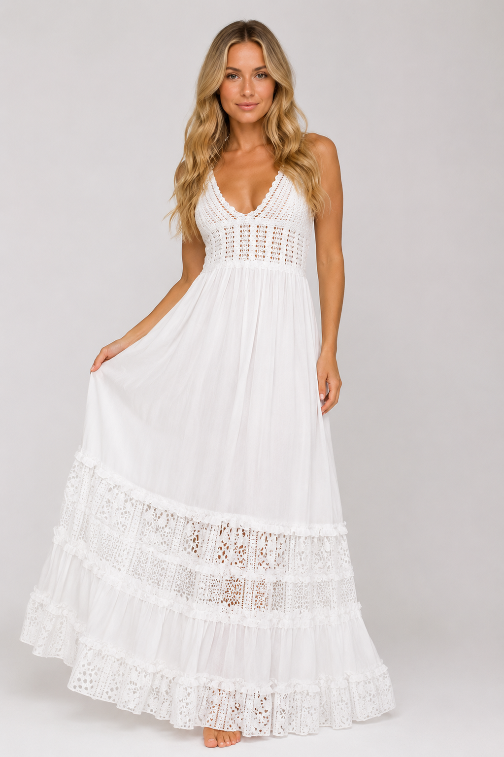 Selena - Women’s Elegant V-Neck Summer Maxi Dress-SS - Womens Dresses-Lyrasue-White-XS-Lyrasue