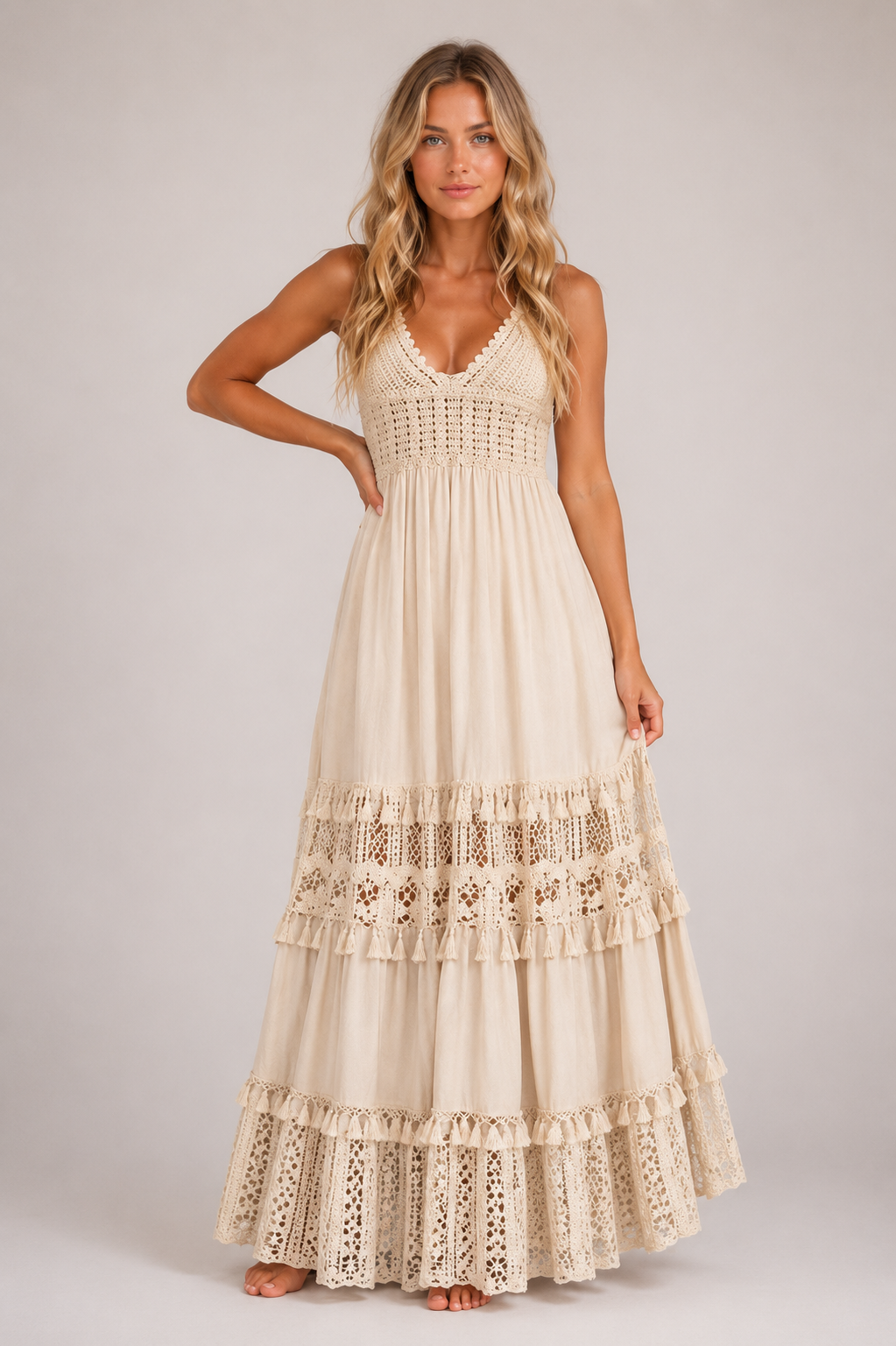 Selena - Women’s Elegant V-Neck Summer Maxi Dress-SS - Womens Dresses-Lyrasue-Beige-XS-Lyrasue