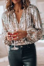Seren - Women's Sequin Button-Up Blouse with Long Sleeves-Blouse Women-Lyrasue-Silver-S-Lyrasue