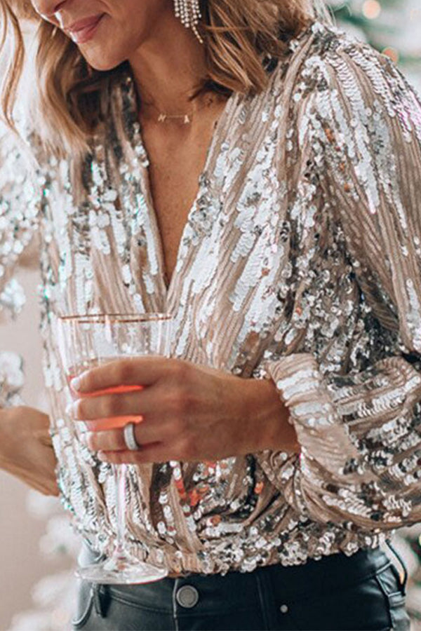 Seren - Women's Sequin Button-Up Blouse with Long Sleeves-Blouse Women-Lyrasue-Silver-S-Lyrasue