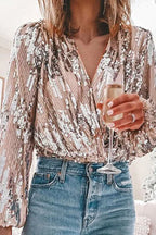 Seren - Women's Sequin Button-Up Blouse with Long Sleeves-Blouse Women-Lyrasue-Silver-S-Lyrasue