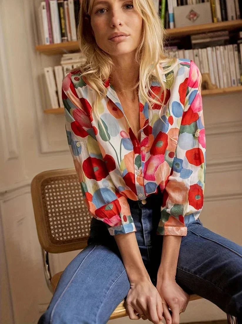 Shanti - Women's Floral Print Long Sleeve Blouse-Blusa-Lyrasue-Floral-S-Lyrasue