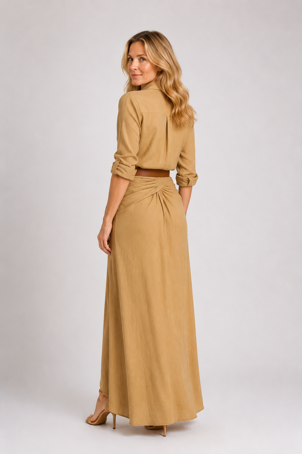 Shayla - Women’s Belted Maxi Dress Elegant Draped Style-DRESSES-Lyrasue-Khaki-S-Lyrasue
