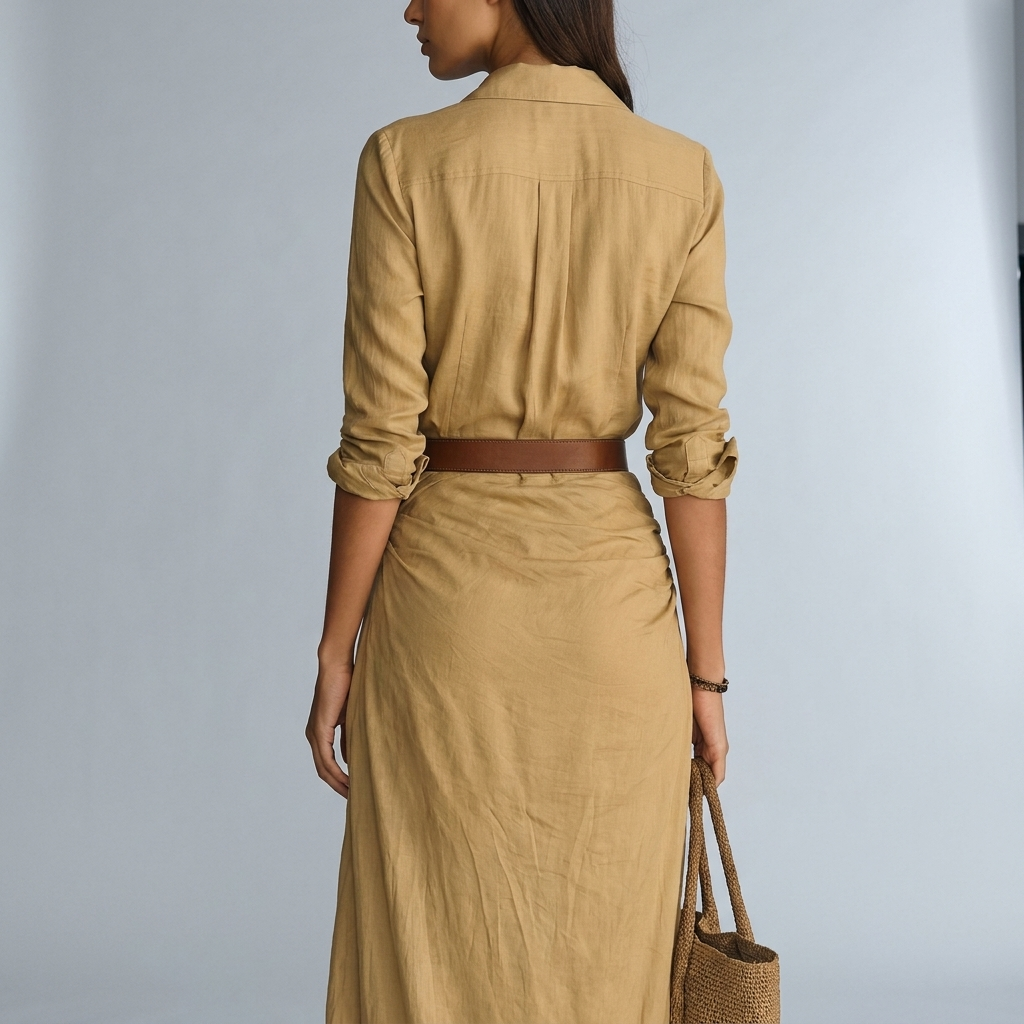 Shayla - Women’s Belted Maxi Dress Elegant Draped Style-DRESSES-Lyrasue-Khaki-S-Lyrasue