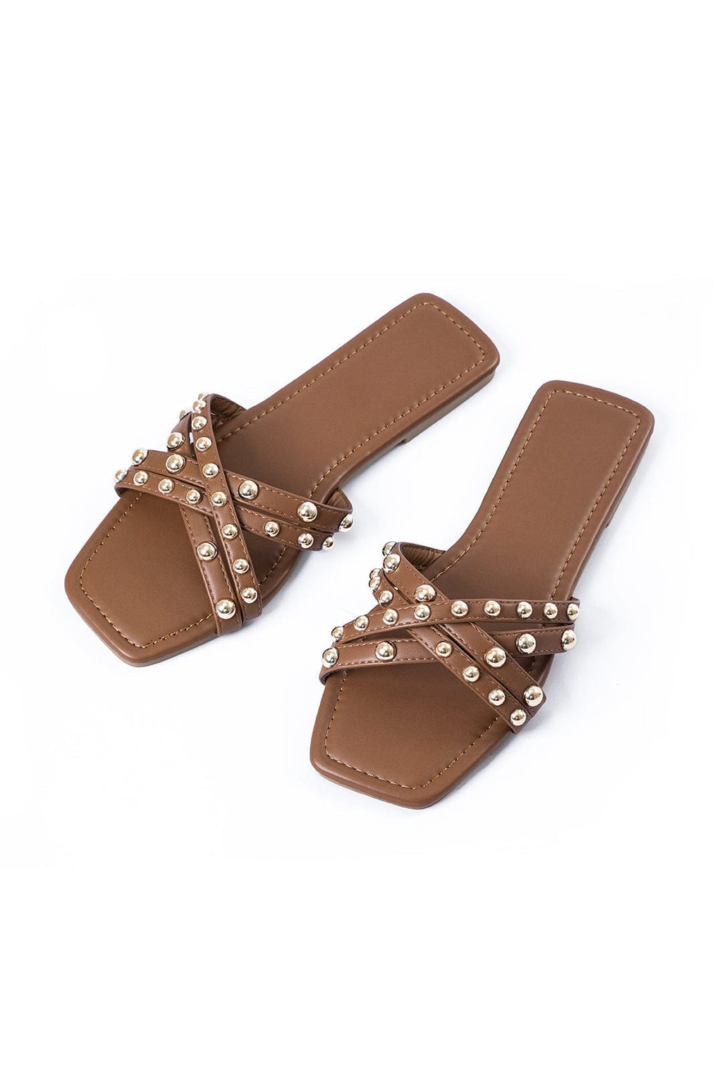 Sierra - Women’s Studded Cross Strap Slide Sandals-Lyrasue-Brown-35-Lyrasue