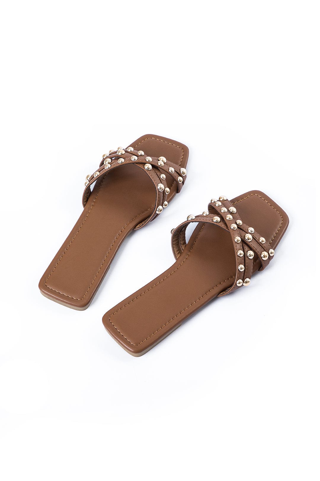 Sierra - Women’s Studded Cross Strap Slide Sandals-Lyrasue-Brown-35-Lyrasue