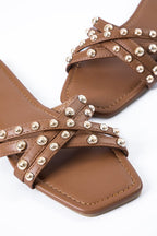 Sierra - Women’s Studded Cross Strap Slide Sandals-Lyrasue-Brown-35-Lyrasue