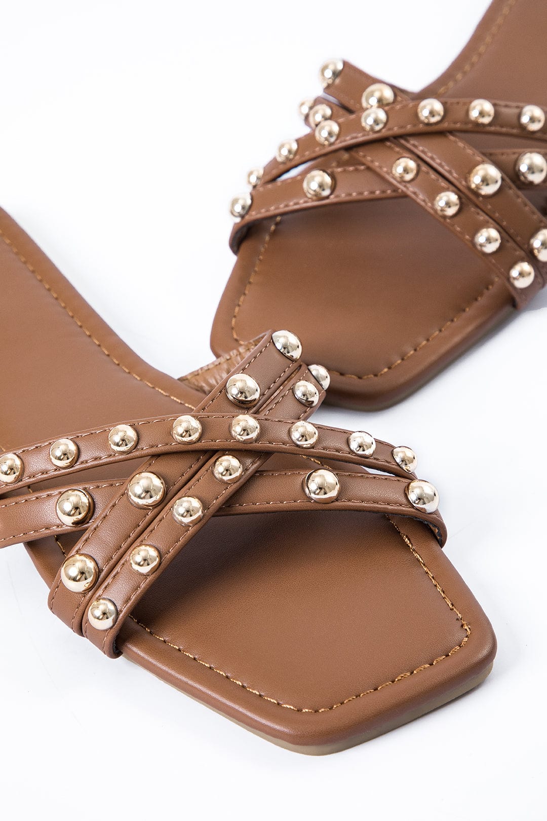 Sierra - Women’s Studded Cross Strap Slide Sandals-Lyrasue-Brown-35-Lyrasue
