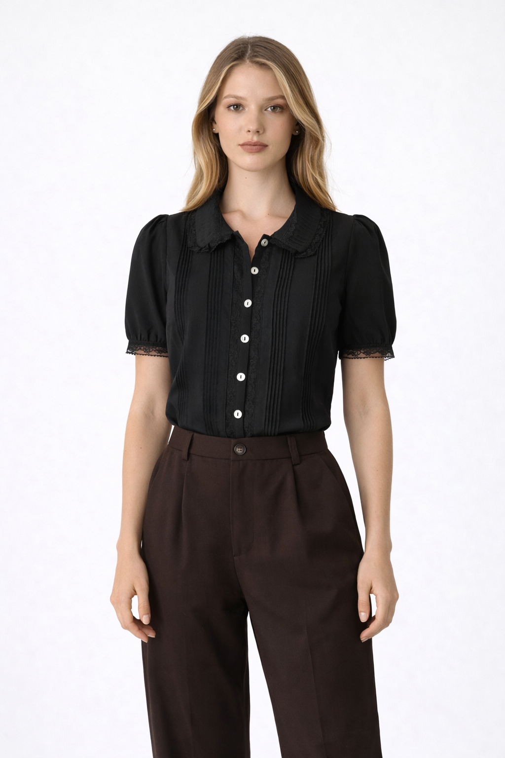Skye – Women's Black Lace Trim Short Sleeve Blouse Chelsea Collar-Blouse - AS - Womens - Tops-Lyrasue-Black-XS-Lyrasue