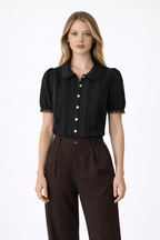 Skye – Women's Black Lace Trim Short Sleeve Blouse Chelsea Collar-Blouse - AS - Womens - Tops-Lyrasue-Black-XS-Lyrasue
