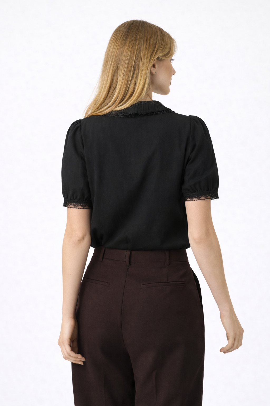 Skye – Women's Black Lace Trim Short Sleeve Blouse Chelsea Collar-Blouse - AS - Womens - Tops-Lyrasue-Black-XS-Lyrasue