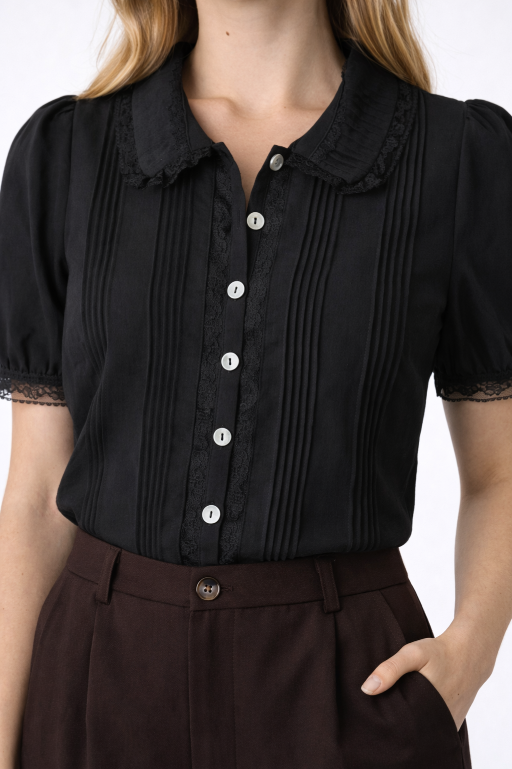 Skye – Women's Black Lace Trim Short Sleeve Blouse Chelsea Collar-Blouse - AS - Womens - Tops-Lyrasue-Black-XS-Lyrasue
