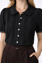 Skye – Women's Black Lace Trim Short Sleeve Blouse Chelsea Collar-Blouse - AS - Womens - Tops-Lyrasue-Black-XS-Lyrasue