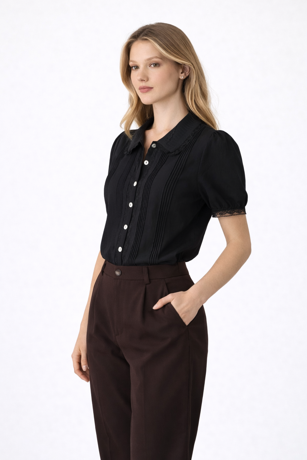 Skye – Women's Black Lace Trim Short Sleeve Blouse Chelsea Collar-Blouse - AS - Womens - Tops-Lyrasue-Black-XS-Lyrasue