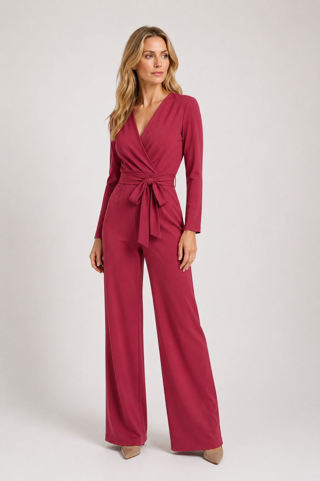 Skyler - Women’s Long Sleeve Wrap Jumpsuit with Tie Waist-Lyrasue-Red-S-Lyrasue