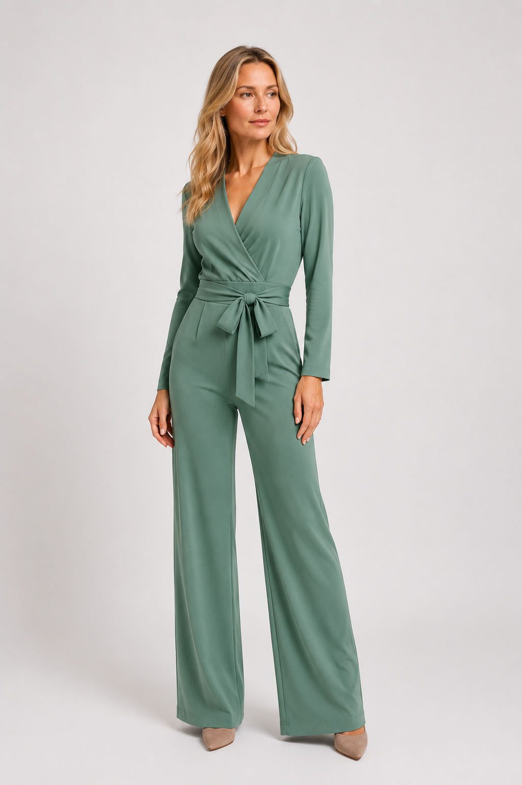 Skyler - Women’s Long Sleeve Wrap Jumpsuit with Tie Waist-Lyrasue-Green-S-Lyrasue