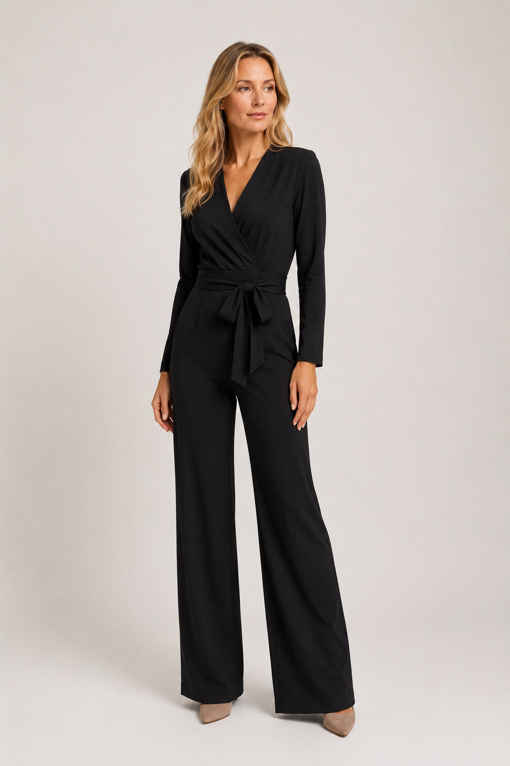 Skyler - Women’s Long Sleeve Wrap Jumpsuit with Tie Waist-Lyrasue-Black-S-Lyrasue