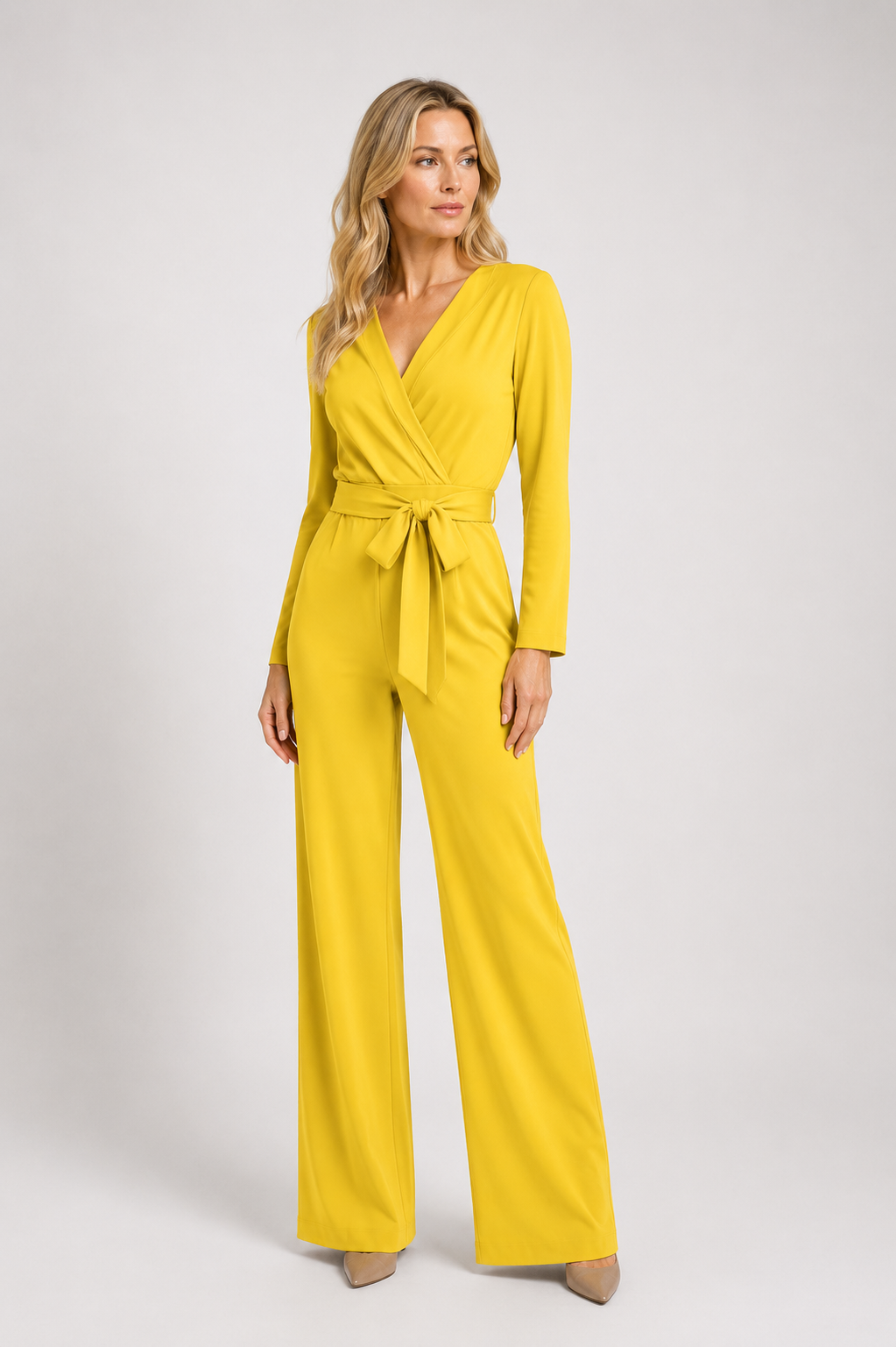 Skyler - Women’s Long Sleeve Wrap Jumpsuit with Tie Waist-Lyrasue-Yellow-S-Lyrasue