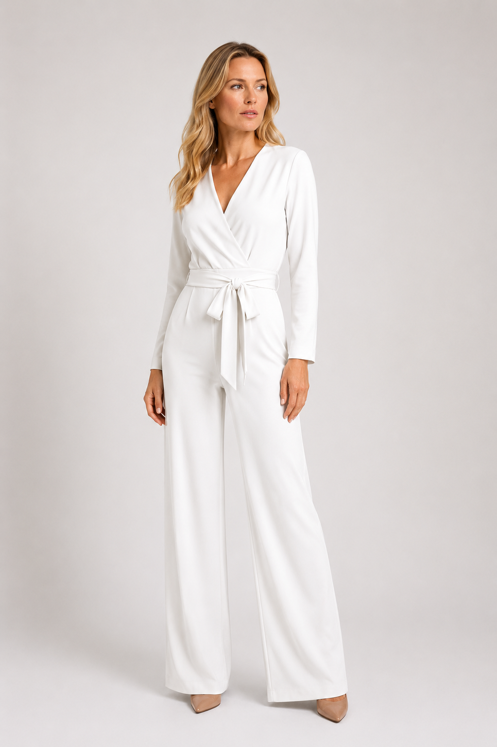 Skyler - Women’s Long Sleeve Wrap Jumpsuit with Tie Waist-Lyrasue-White-S-Lyrasue