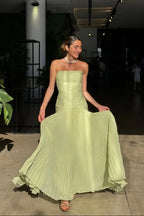Sloane - Women's Strapless Pleated Wedding Guest Maxi Dress-Maxi dresses-Lyrasue-Green-XS-Lyrasue