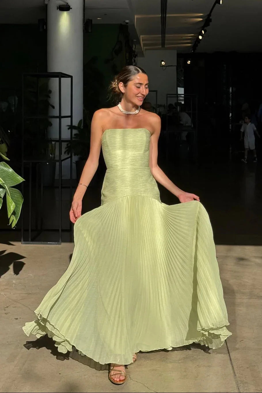 Sloane - Women's Strapless Pleated Wedding Guest Maxi Dress-Maxi dresses-Lyrasue-Green-XS-Lyrasue