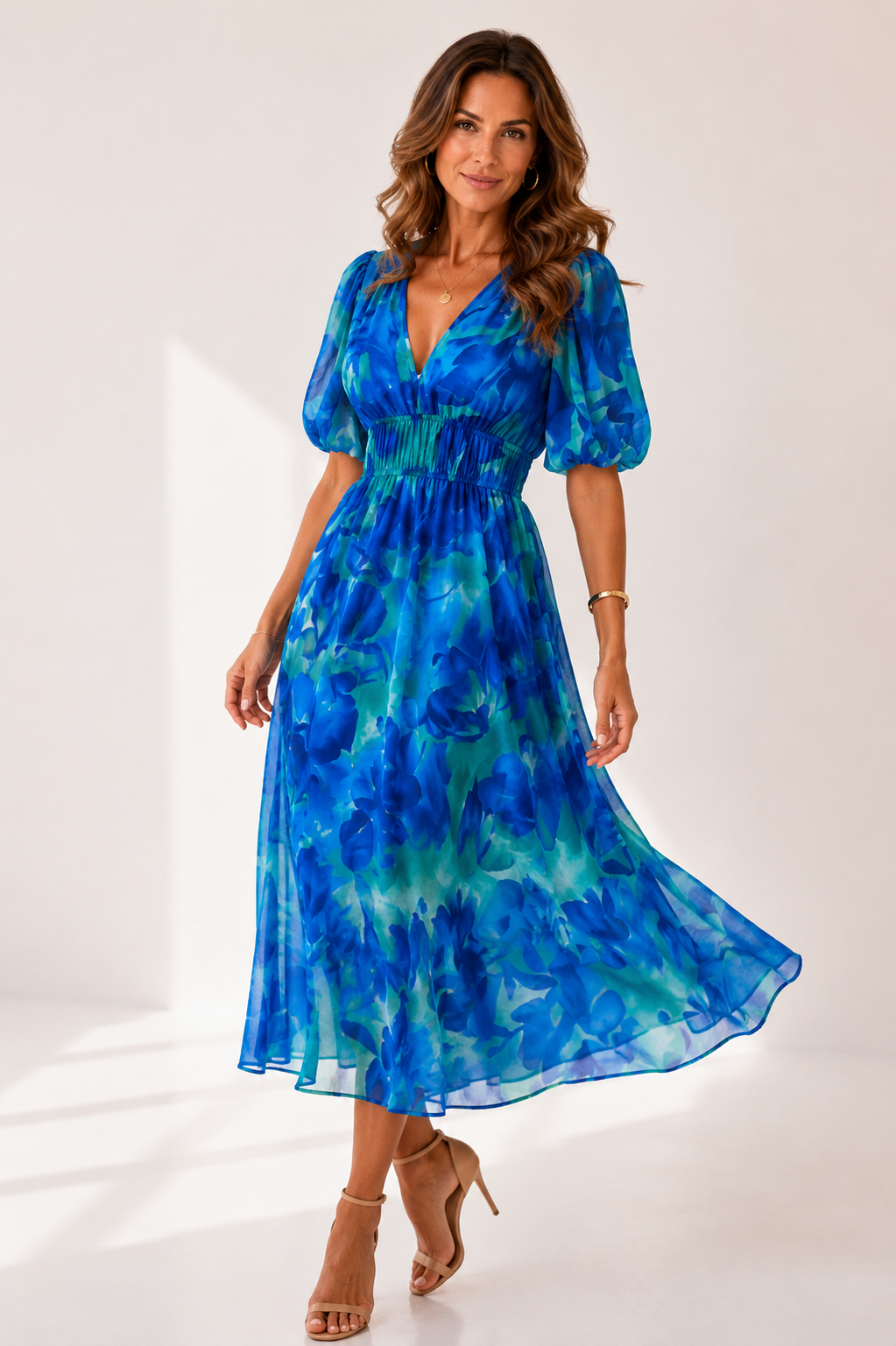 Solene - Women's Botanical Chiffon Midi Dress-Women Dresses Midi-Lyrasue-Blue-S-Lyrasue