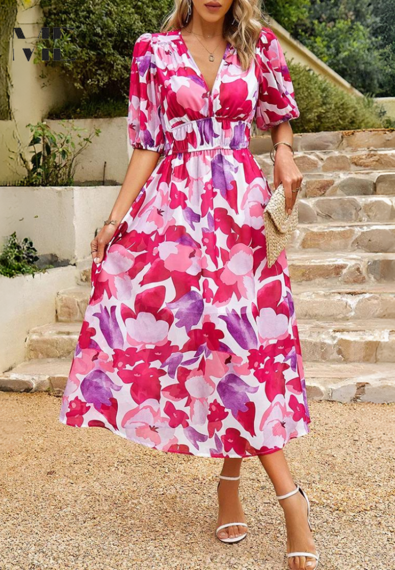 Solene - Women's Botanical Chiffon Midi Dress-Women Dresses Midi-Lyrasue-Floral-S-Lyrasue