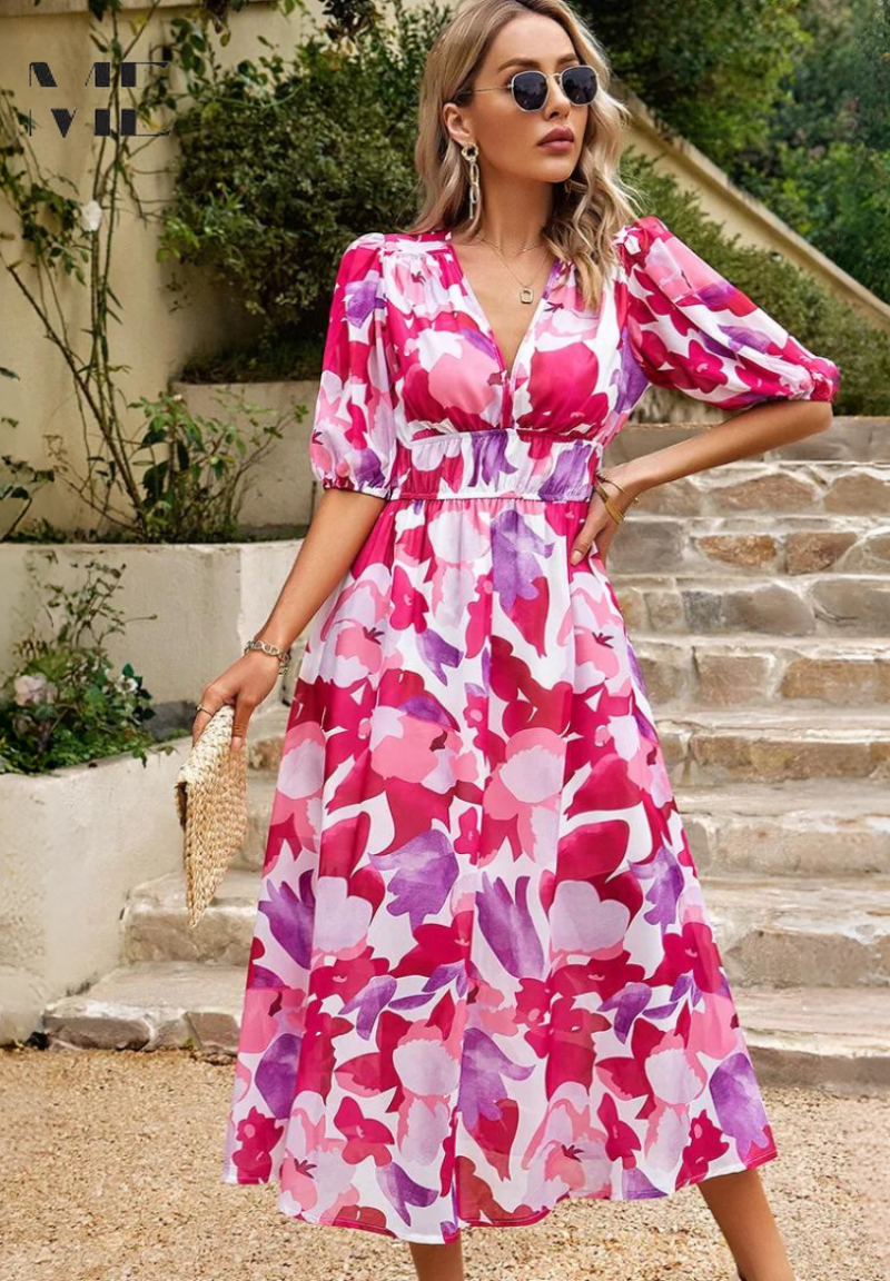 Solene - Women's Botanical Chiffon Midi Dress-Women Dresses Midi-Lyrasue-Floral-S-Lyrasue