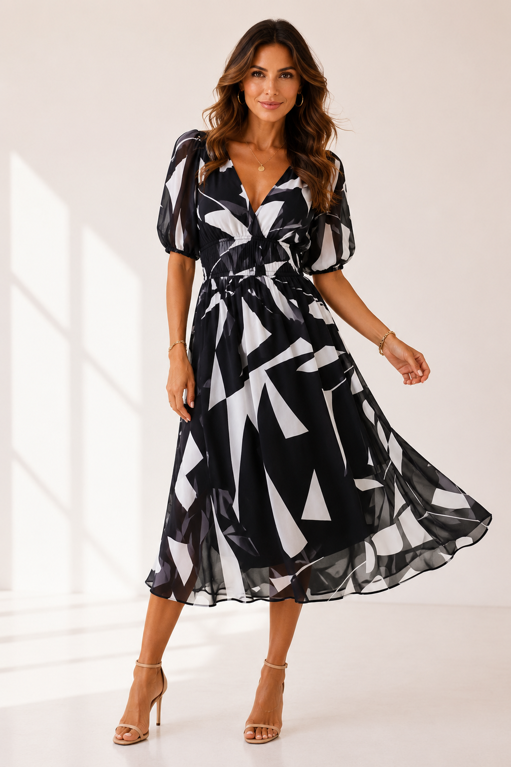 Solene - Women's Botanical Chiffon Midi Dress-Women Dresses Midi-Lyrasue-Black-S-Lyrasue