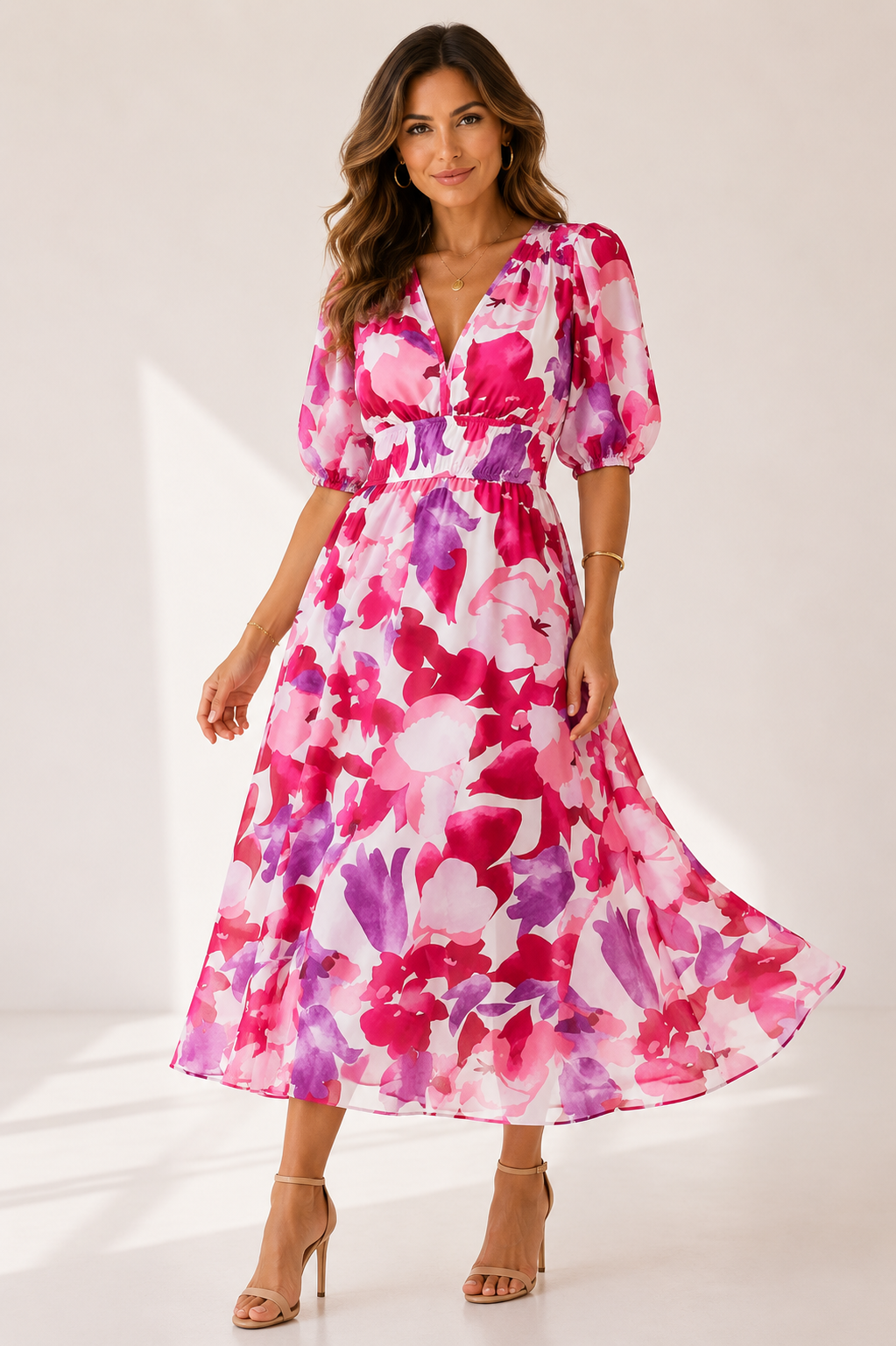 Solene - Women's Botanical Chiffon Midi Dress-Women Dresses Midi-Lyrasue-Pink-S-Lyrasue