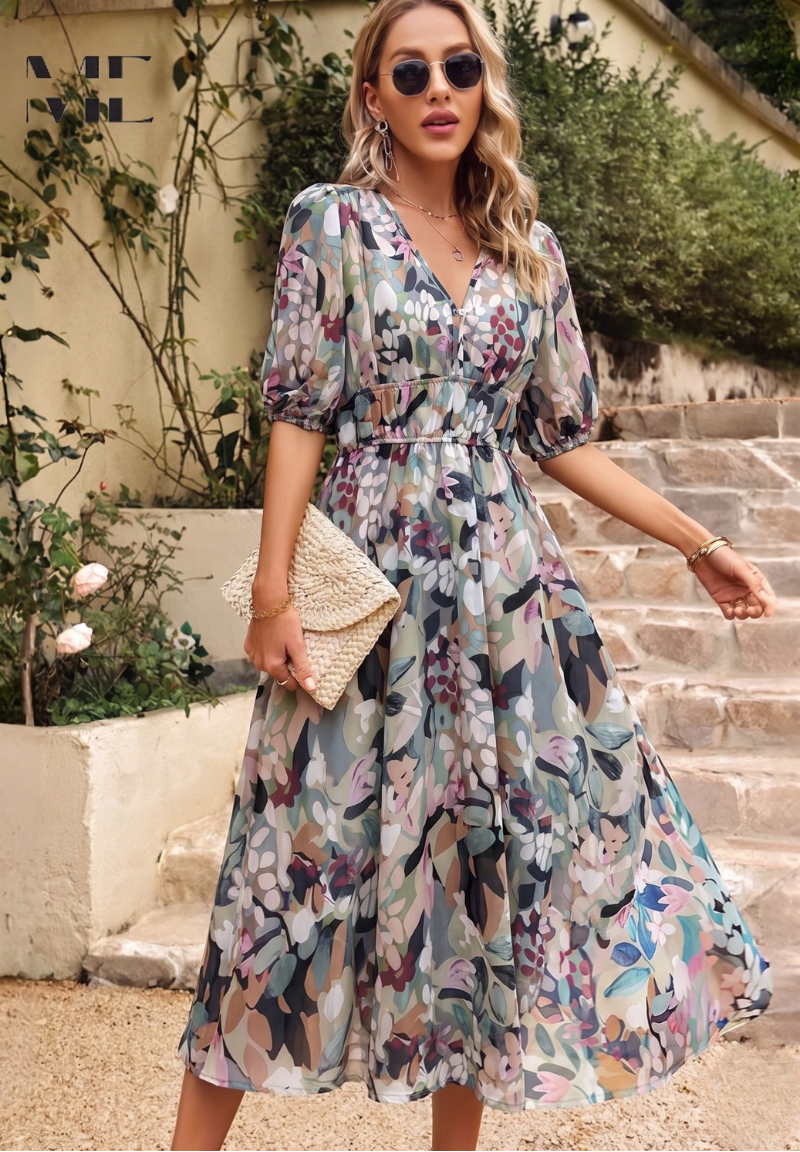 Solene - Women's Botanical Chiffon Midi Dress-Women Dresses Midi-Lyrasue-Floral-S-Lyrasue