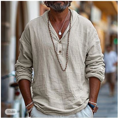 Stanley - Men's Long Sleeve Henley Linen Shirt-Men Shirts Casual_shirts-Lyrasue-Brown-S-Lyrasue