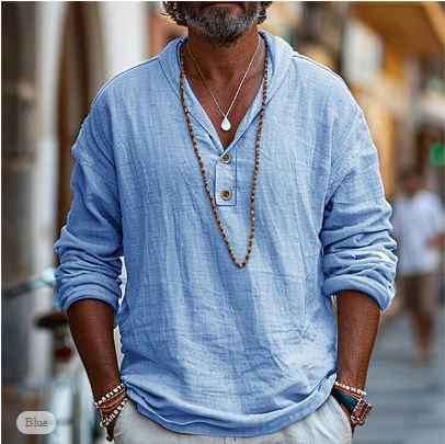 Stanley - Men's Long Sleeve Henley Linen Shirt-Men Shirts Casual_shirts-Lyrasue-Blue-S-Lyrasue