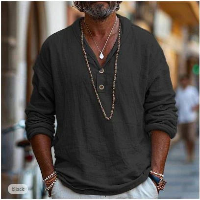 Stanley - Men's Long Sleeve Henley Linen Shirt-Men Shirts Casual_shirts-Lyrasue-Black-S-Lyrasue