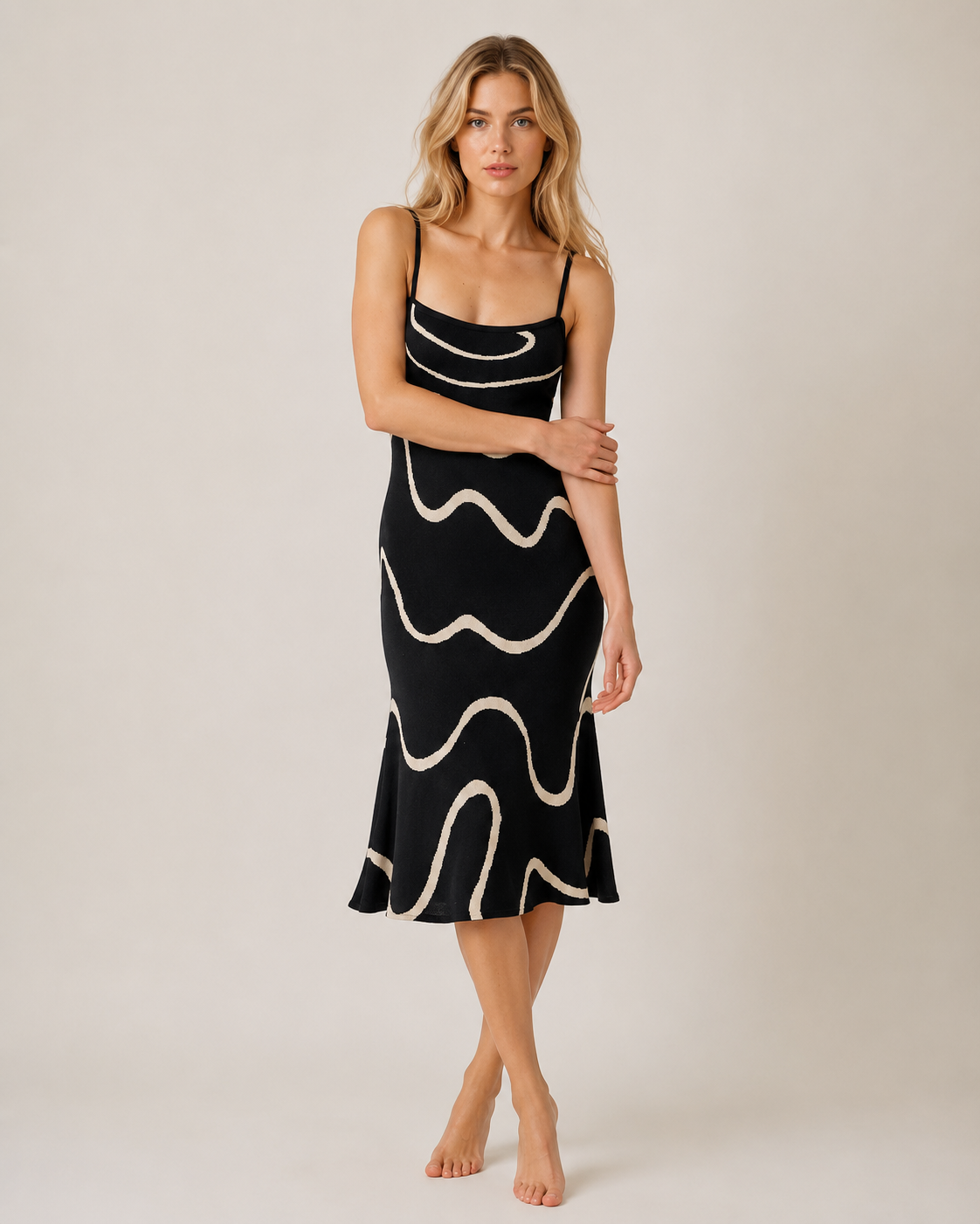 Stephanie - Women’s Black Knit Midi Dress Elegant Wave Print Mermaid Hem-Midi Dresses-Lyrasue-Black-XS-Lyrasue