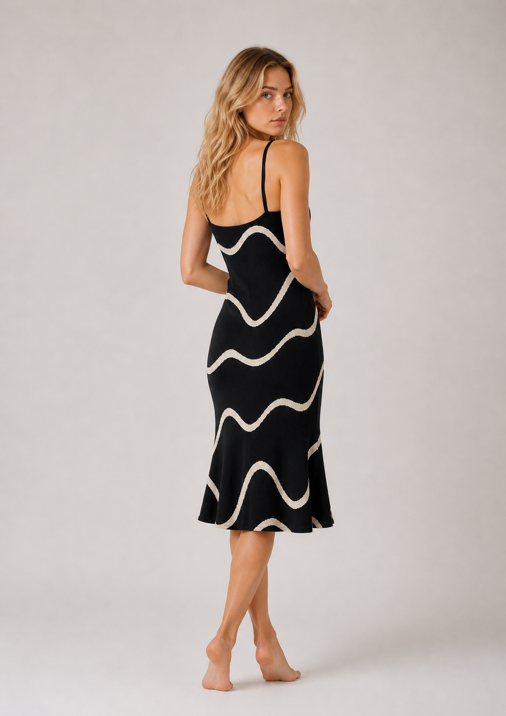 Stephanie - Women’s Black Knit Midi Dress Elegant Wave Print Mermaid Hem-Midi Dresses-Lyrasue-Black-XS-Lyrasue